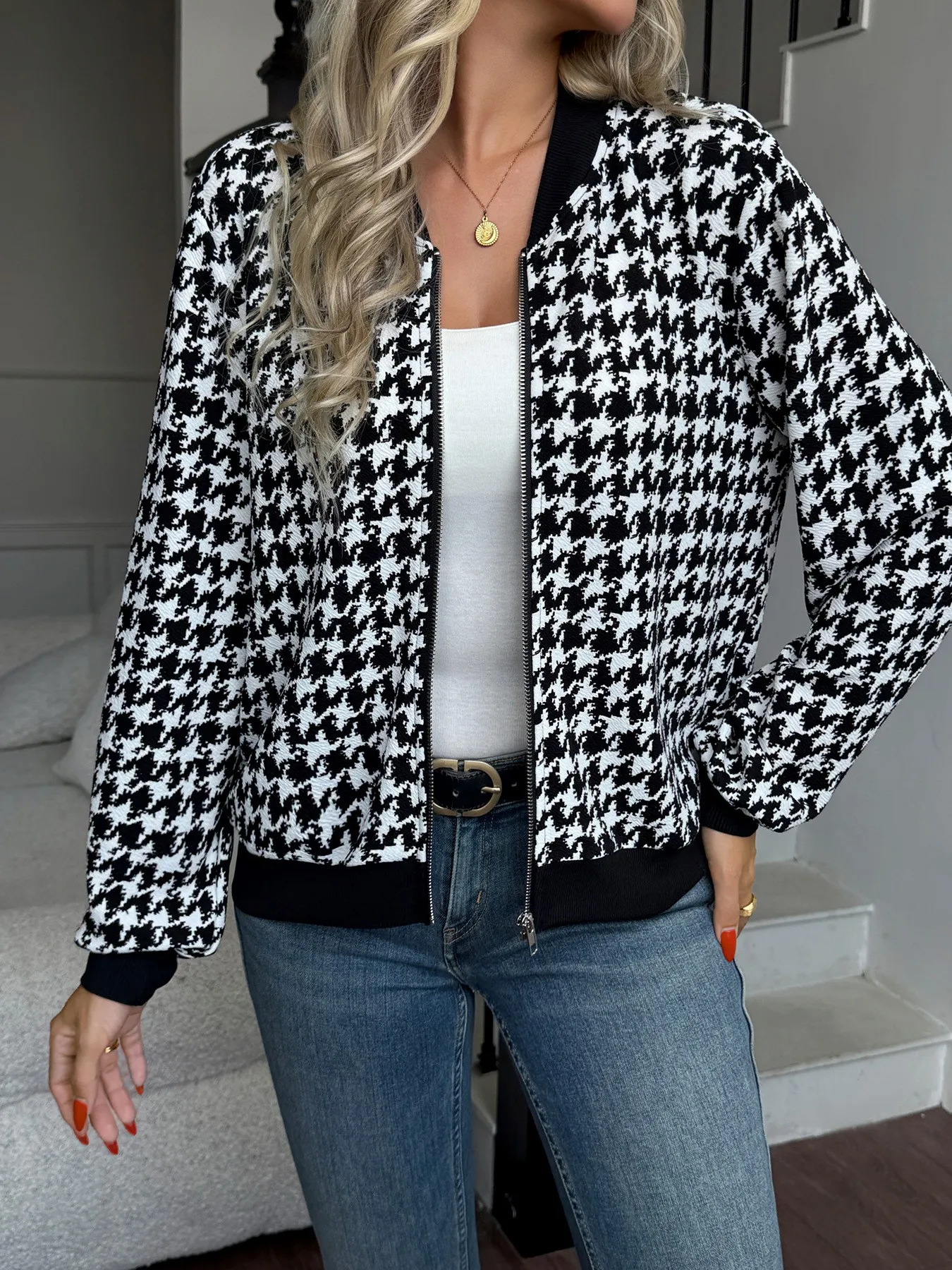

Autumn Women's Clothing Slimming Houndstooth Zipper Jacket For Woman Lightweight Polyester Shirt Collar Regular Fit Long Sleeve