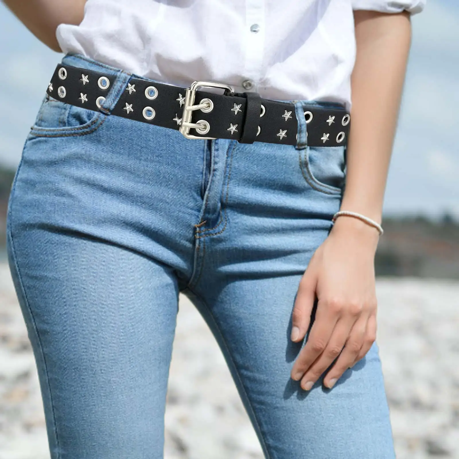 Punk Rock Belt, Double Grommet Punk Belt Buckle Jeans Waist Belt