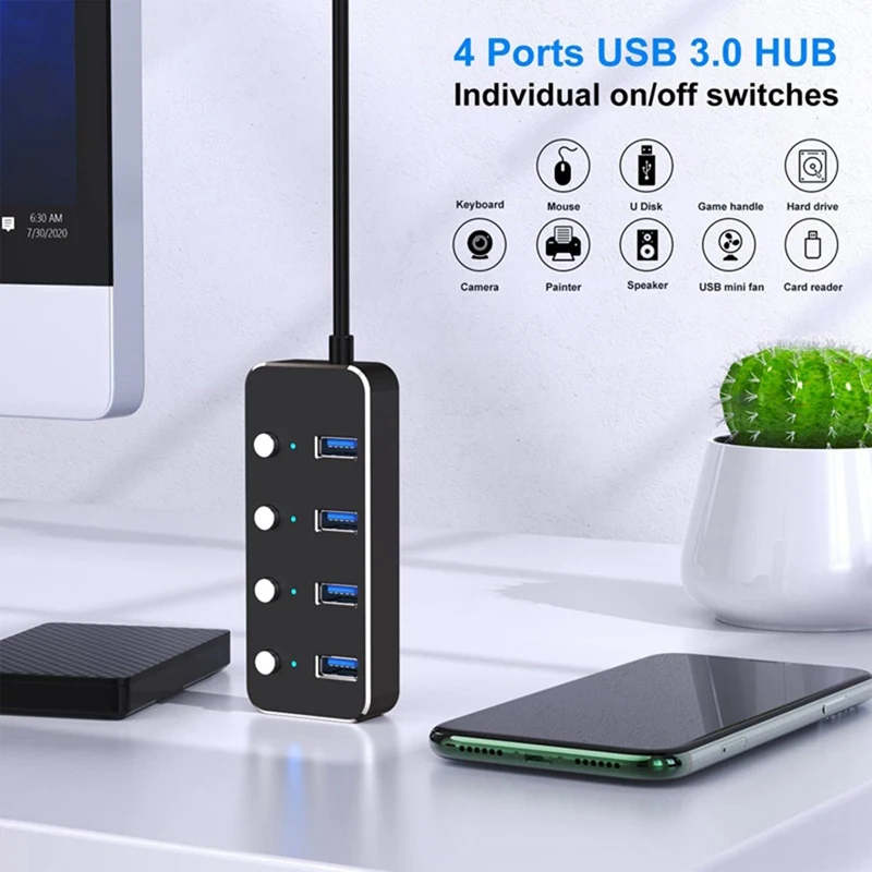 Adaptador USB 3.0 com 4 Portas, Divisor De Liga De Alumínio, Interruptor Multi Extender, Cabo de 1,2 m