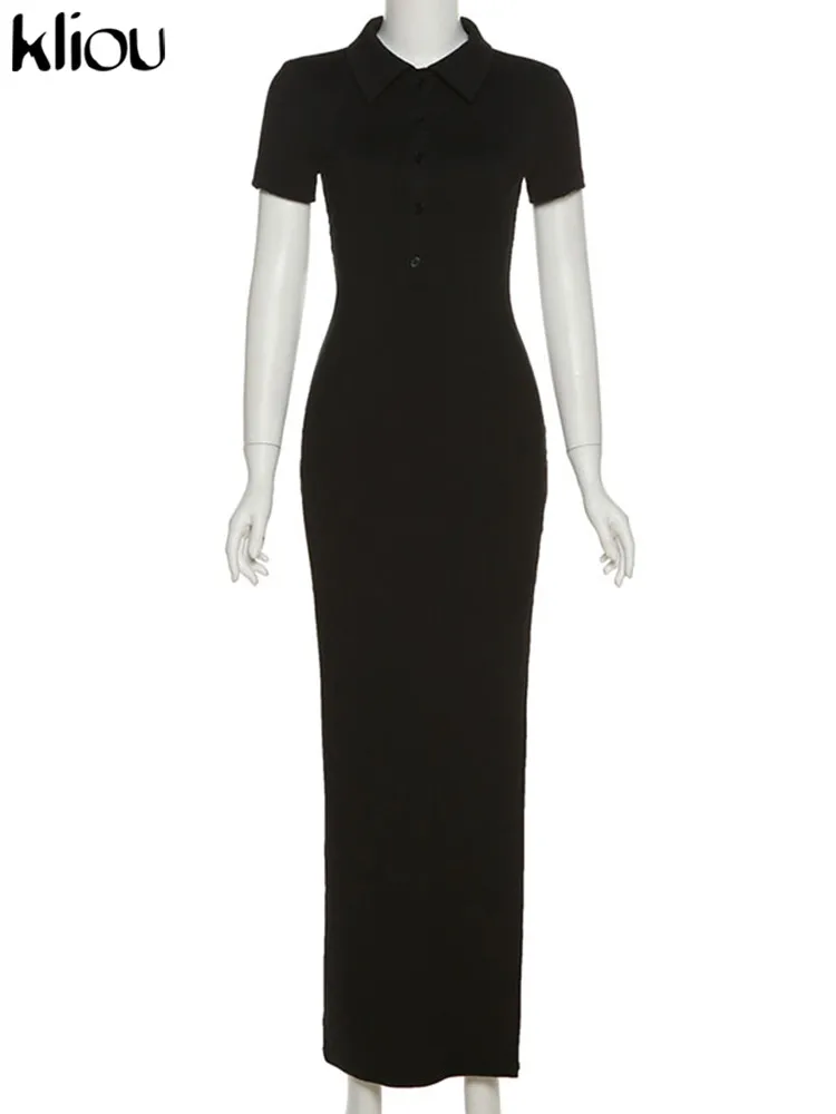 Kliou Elegante Büro Dame Maxi Kleid Frauen Solide Mode drehen-unten Kragen Kurzarm Taste Seite Schlitz Körper-gestaltung Straße Robe – Detail 2