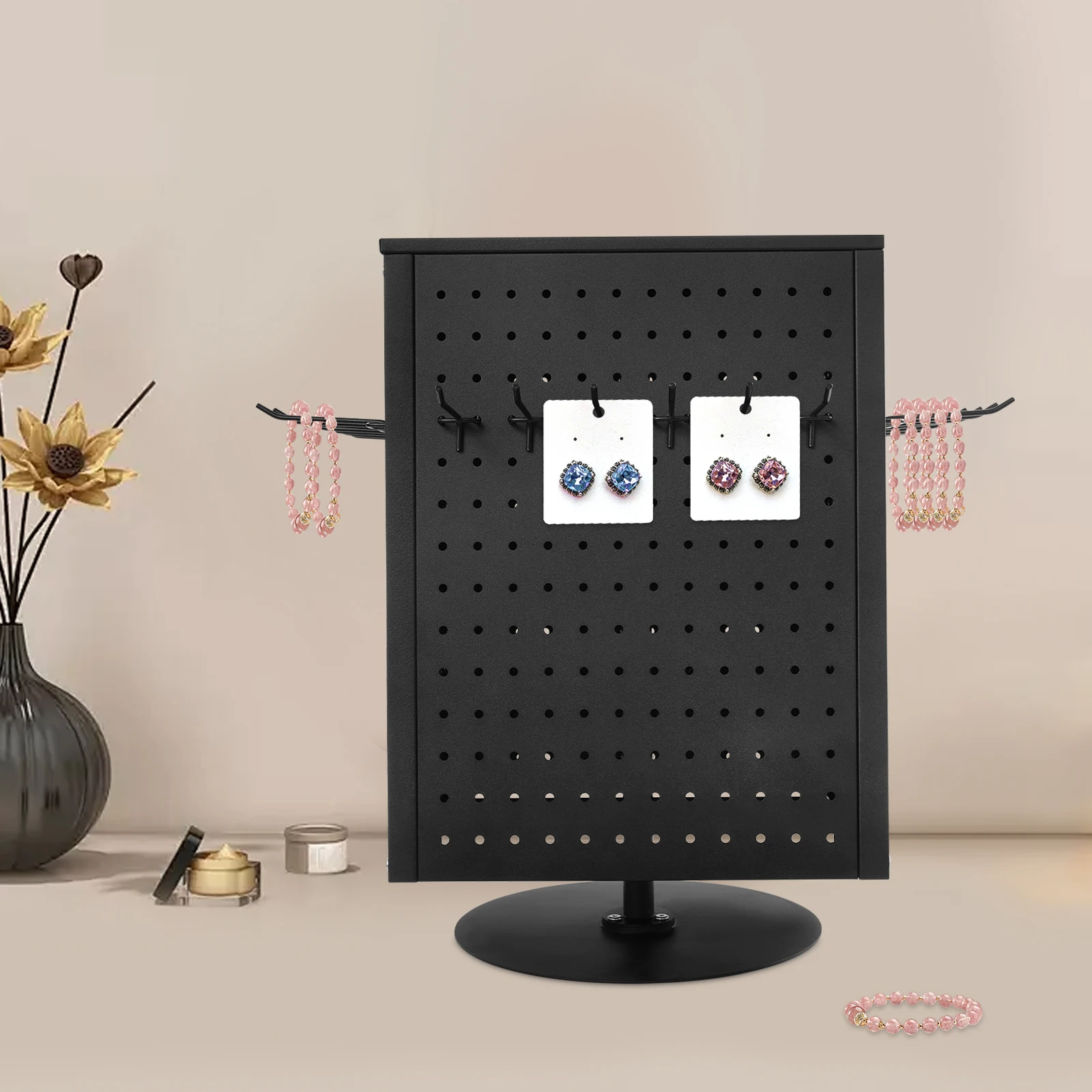 

4-Sided 360° Swivel Pegboard Stand with 20 Hooks for Necklaces/Earrings/Bracelets Storage– Heavy Duty Carbon Steel Rotating Rack