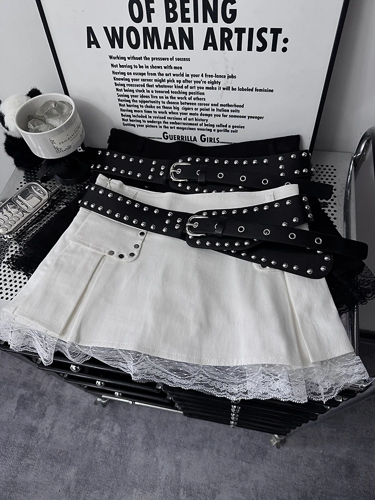 

Юбка в американском стиле с кружевной отделкой и поясом, плиссированная, А-силуэт, с высокой талией, для девочек-подростков, весенняя коллекция