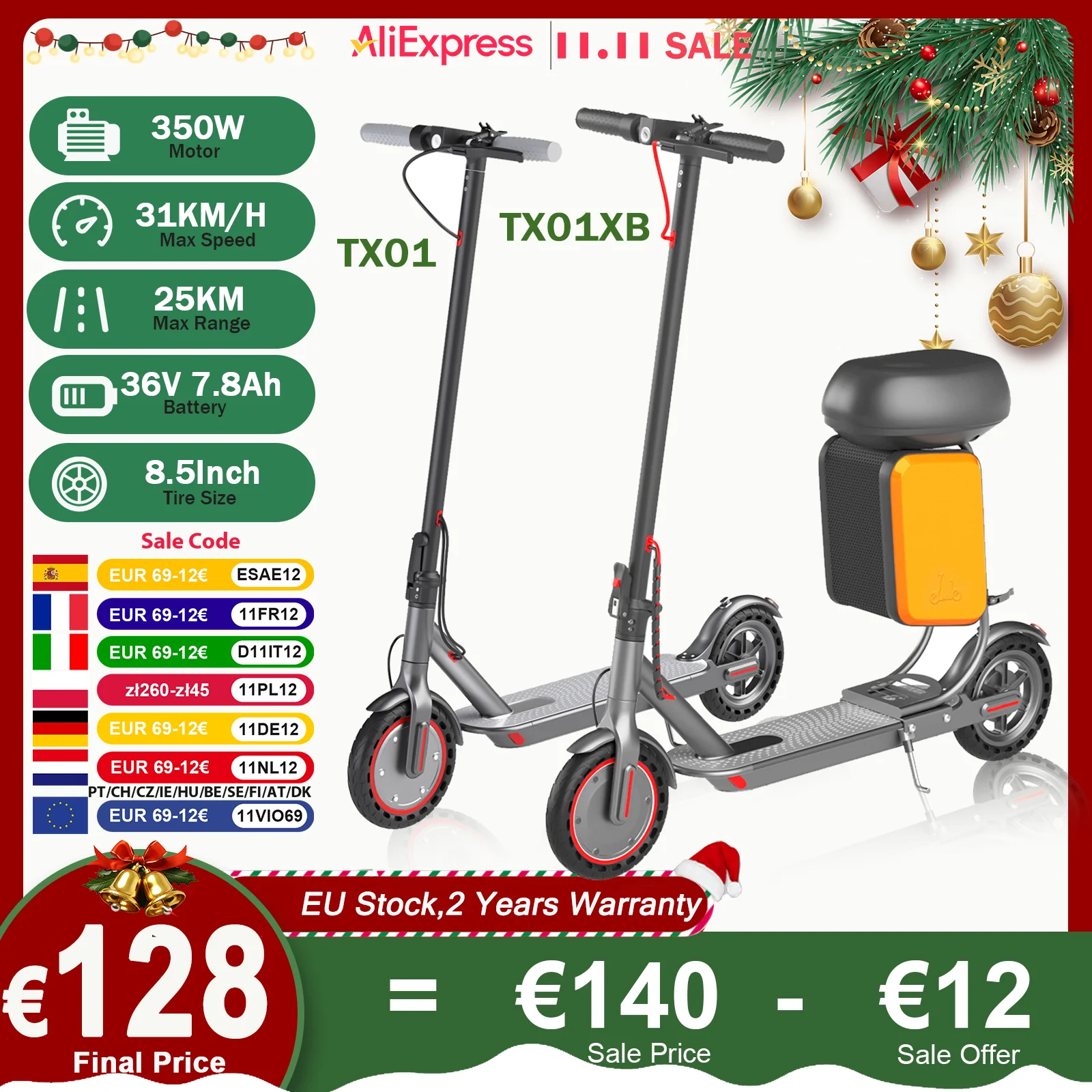 JUICEASE 350W Scooter électrique 350W moteur 36V 25KM longue portée 8.5 pouces 31 KM/H avec boîte de rangement de siège App intelligente Escooter pliable