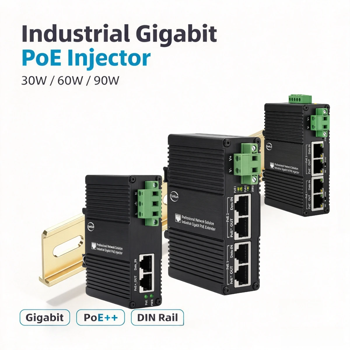 Industrial Gigabit PoE Injector 30W 60W 90W 802.3at PoE+ Injector DIN Rail AC DC Terminal Input for IP Camera WiFi AP