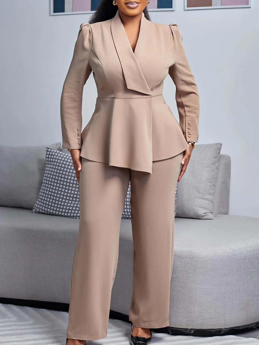 

2025 fashion women's suit new temperament elegant ruffled top wide-leg pants two-piece set