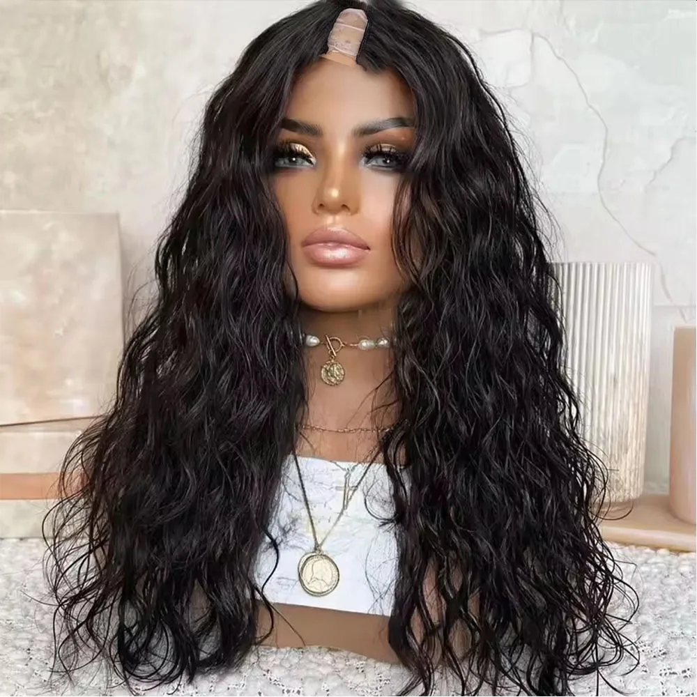 Natürliches Echthaar, tiefe, lockere Wellen, für schwarze Frauen, klebefreie Jerry Curly U-Part-Perücken, verstellbare Mittel-V-Part-Perücken, braun-schwarze Perücken, Remy – Detail 3