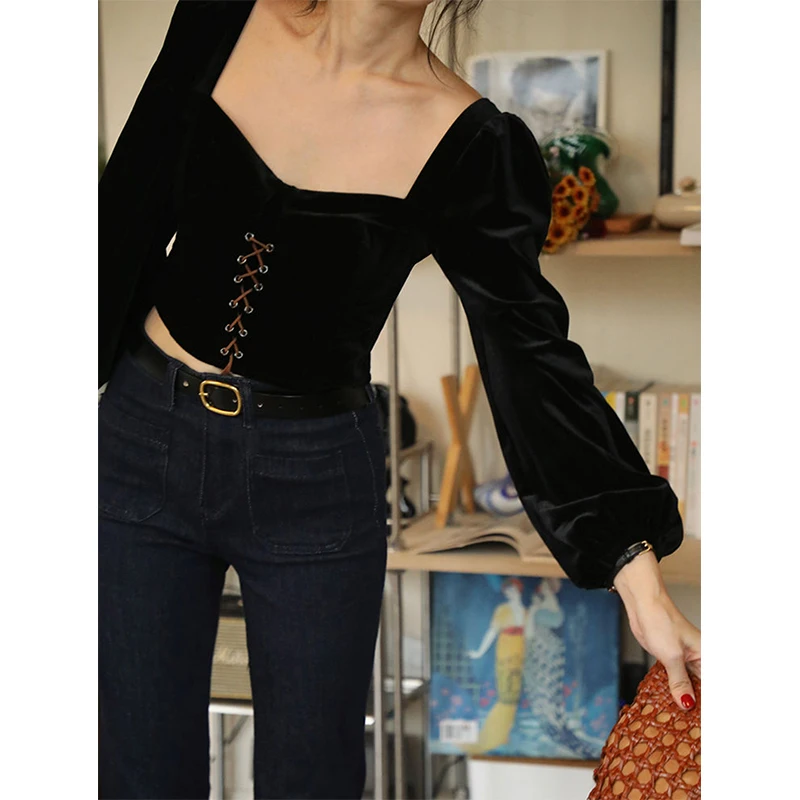 MEXZT Vintage Cropped Velvet Shirts Women Black Square Collar Bandage Blouses Office Ladies Elegant Long Sleeve Slim Tops New