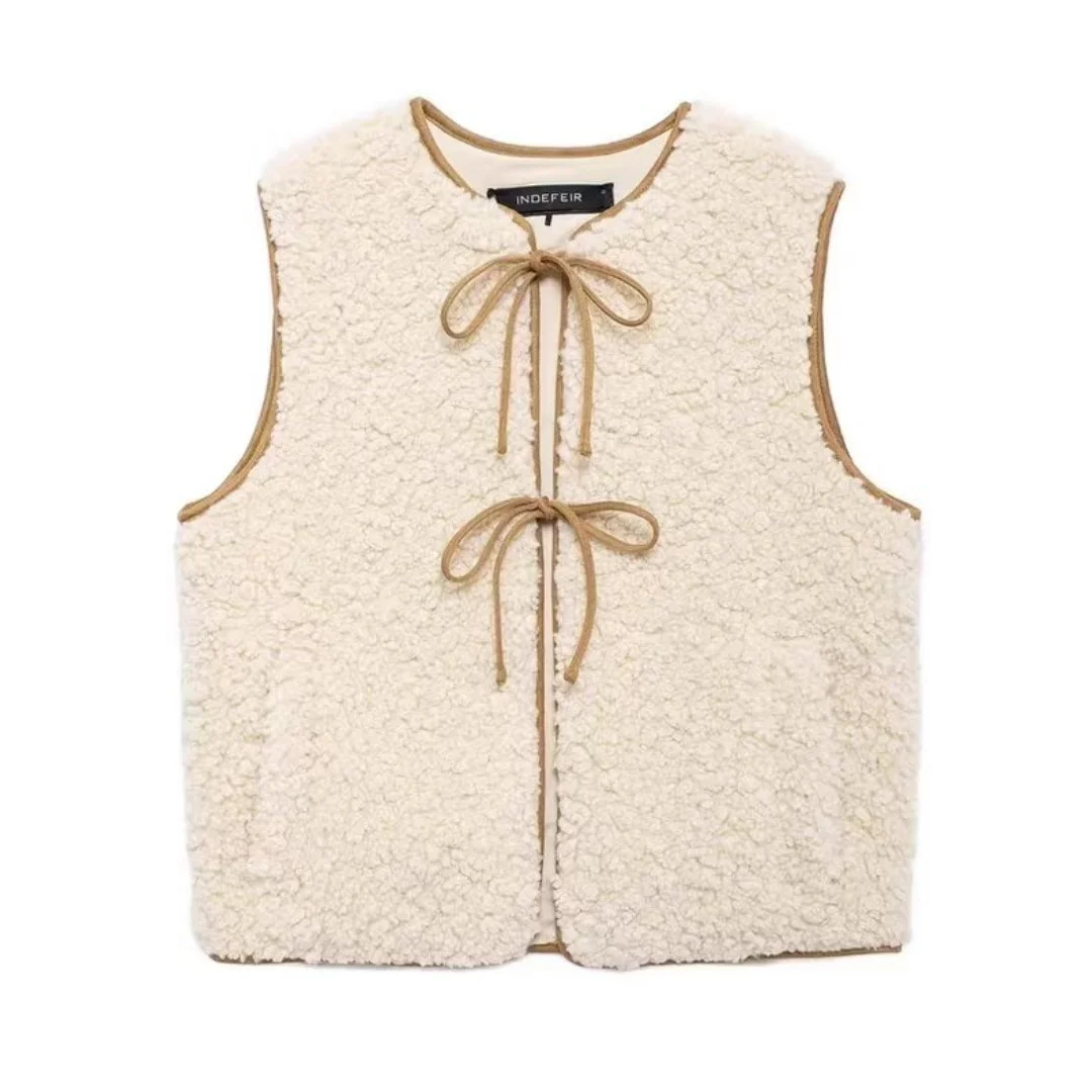 

2025 Bow-Decorated Sweet-Style Shearling Short-Length Warm Vest