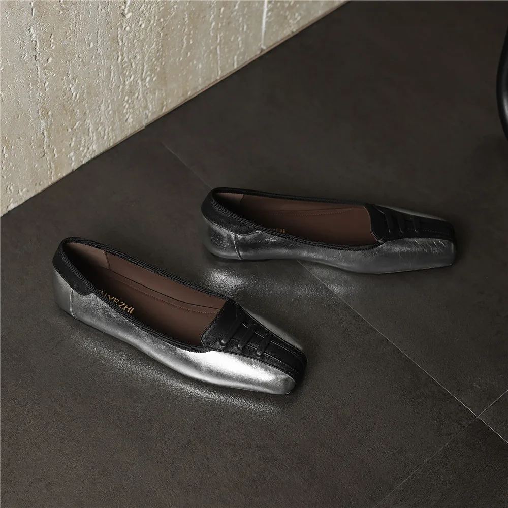 Aucegi تصميم جديد للنساء مريح مسطح القاع موضة ساحة تو مختلط اللون جلد طبيعي عدم الانزلاق فستان العمل أحذية الحياة اليومية