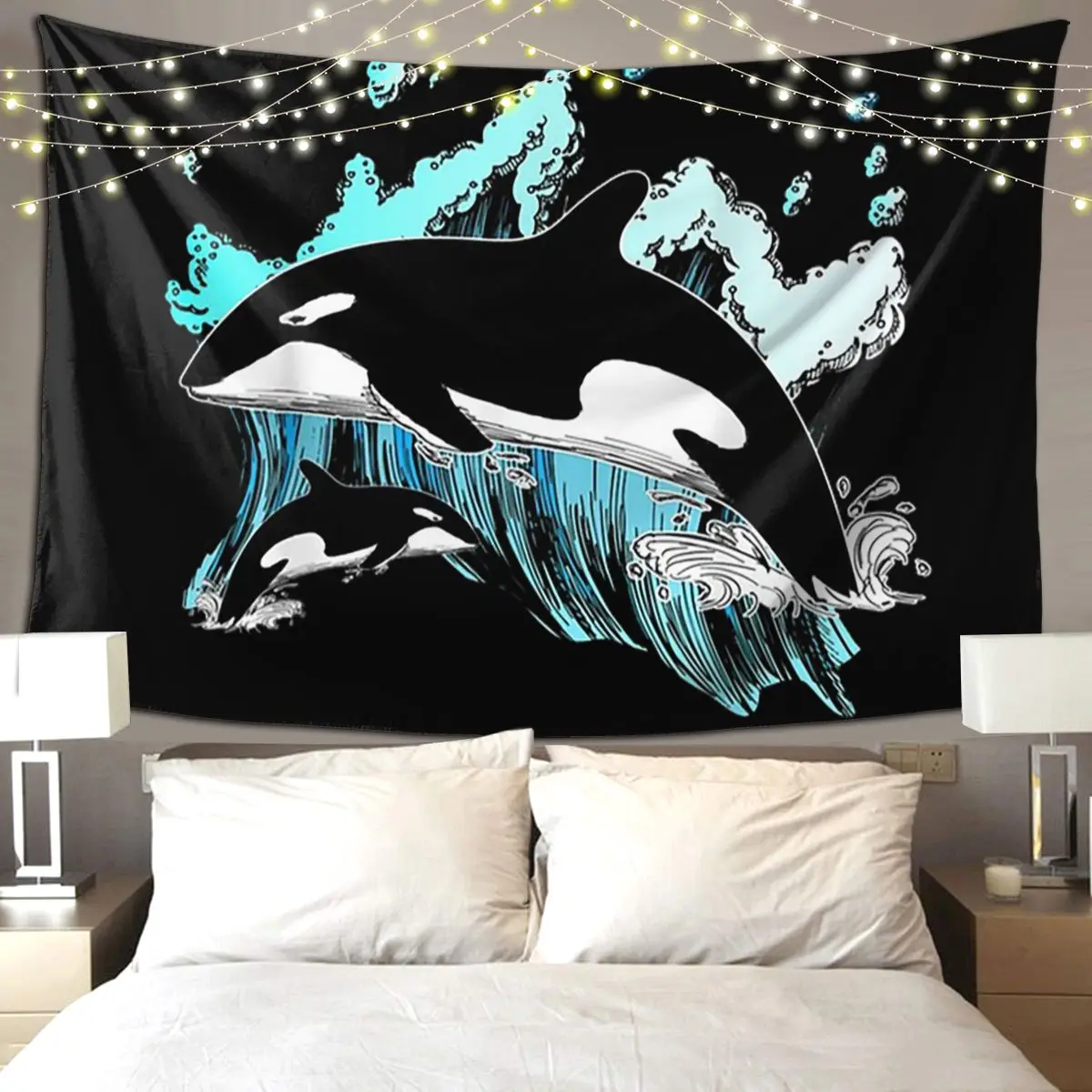 Orca Aquatic Sea Ocean - Top Tees Killer Whale Tapestry Hippie Wall Hanging Aesthetic Home Decor Tapestries Living Room Bedroom