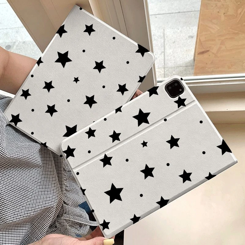Simple Black Star White Book Style Tablet Case For iPad Pro 11 12.9 13 A16 M2 M4 M3 M5 5/6/7/8/9/10/11th Mini Air 3 4 5 6 Cover