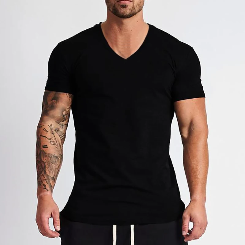 New Fashion V-Neck T-shirt Men Cotton Slim Fit Short Sleeve T Shirt Male Fitness Workout Tees Summer Bodybuilding Gym Clothing