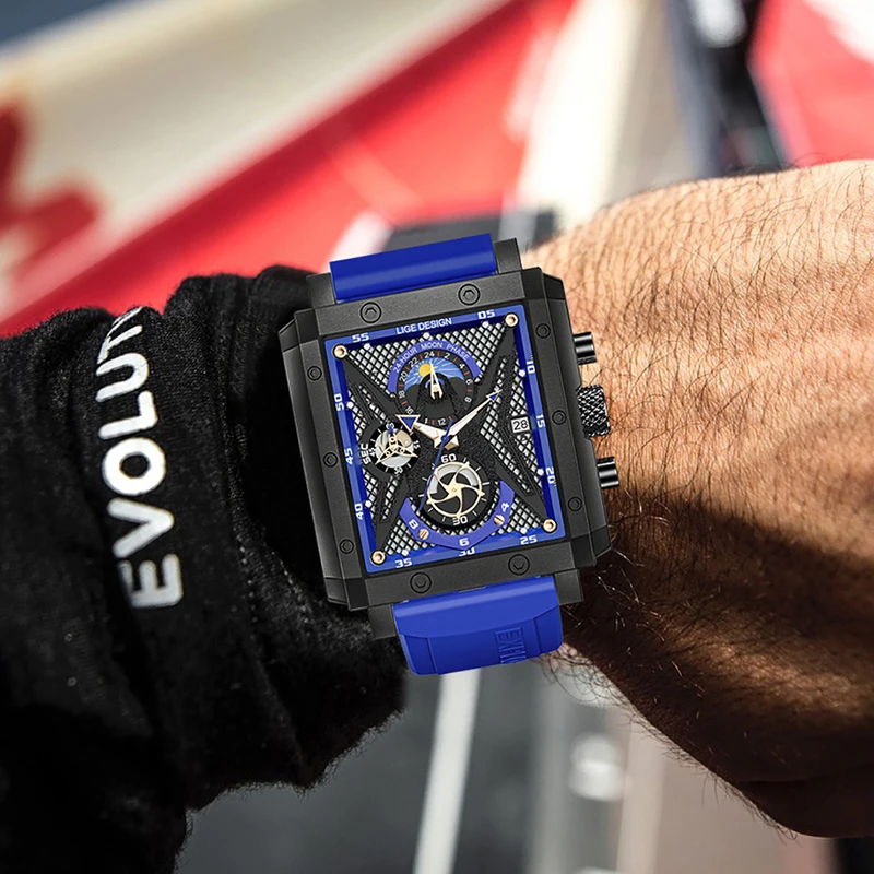 LIGE 남성용 실리콘 쿼츠 시계, 방수 크로노그래프, 24 시간 달 위상 시계 및 박스, 탑 브랜드 럭셔리, 새로운 패션