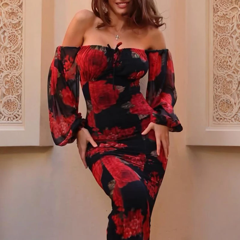 Fashion V-neck Long Sleeved Spring Summer Dress Casual Vacation Floral Print Maxi Dress Elegant Women High Waist Wrap Hip Dress