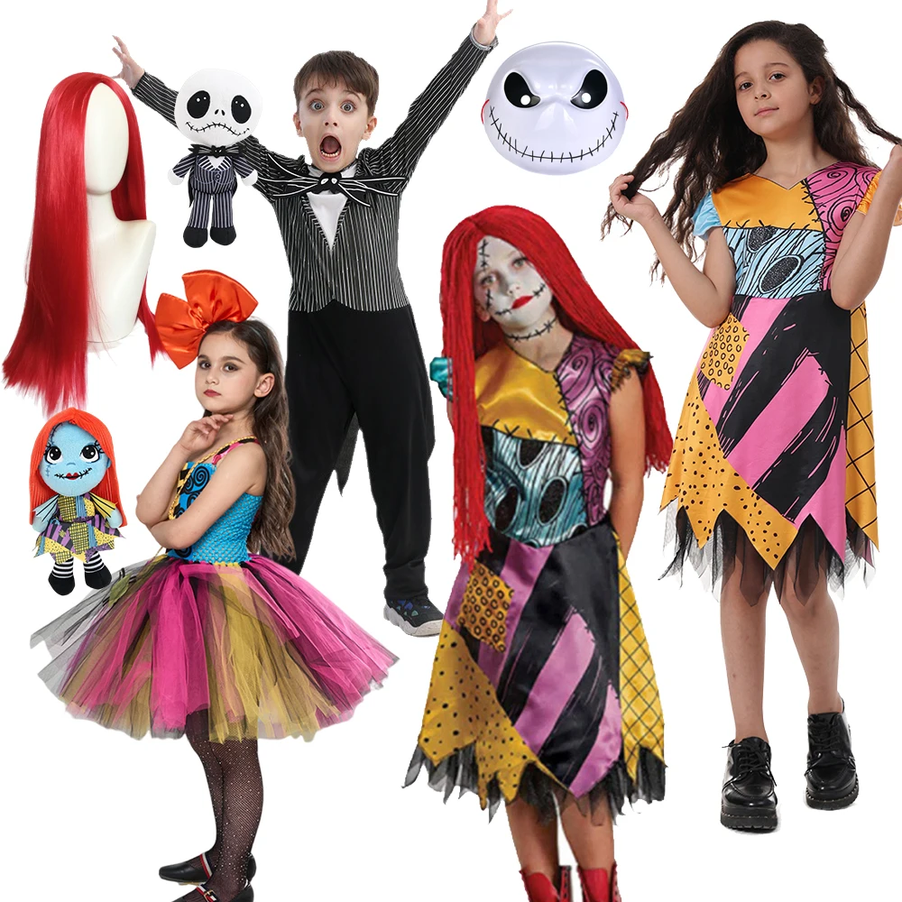 

Sally Dress The Nightmare Before Christmas Jack Horro Gothic Halloween Costumes Carnival Party Clothes Sally Dresses & Wig&Doll