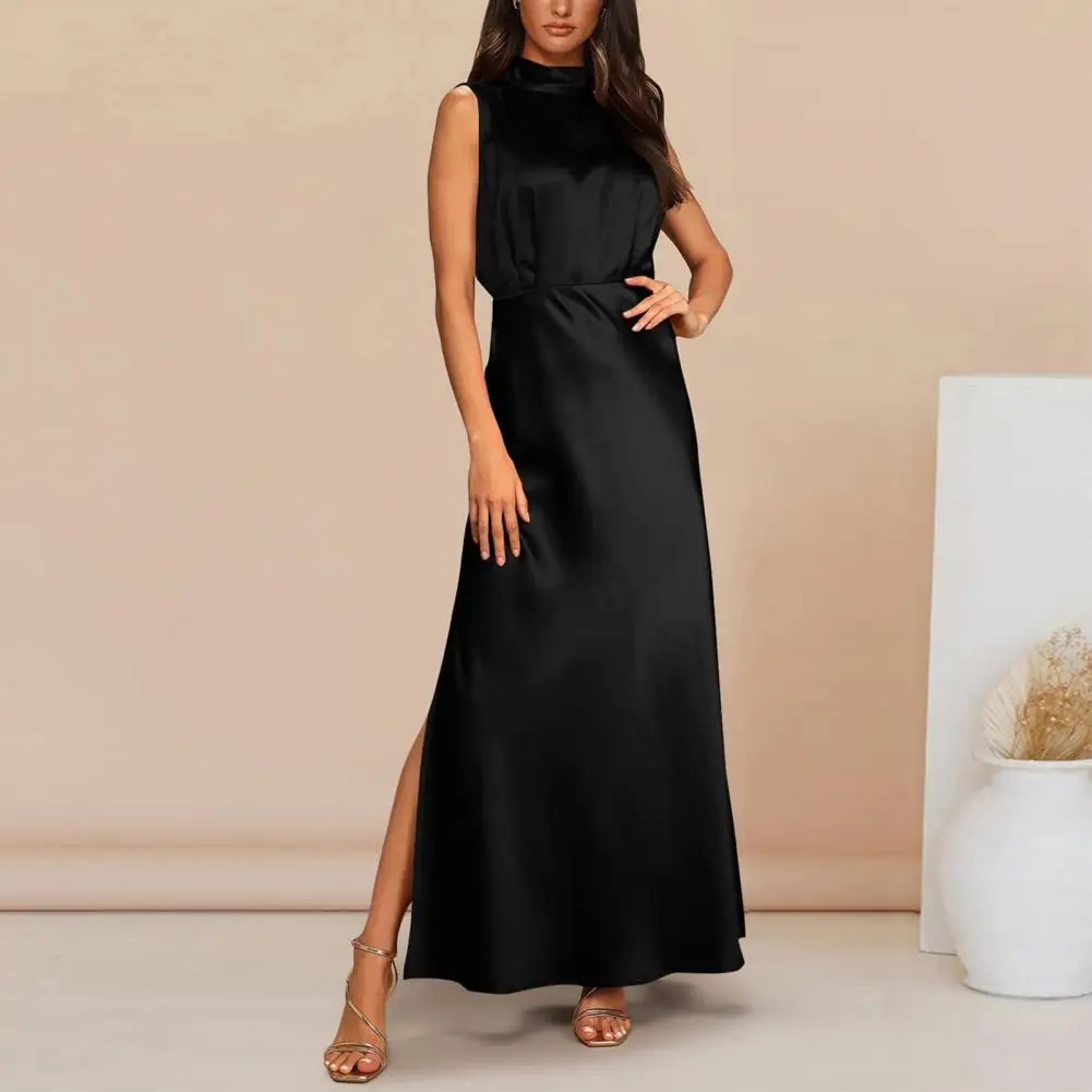 High end summer women's satin mock neck dress Fashion celebrity sleeveless light evening dress Women