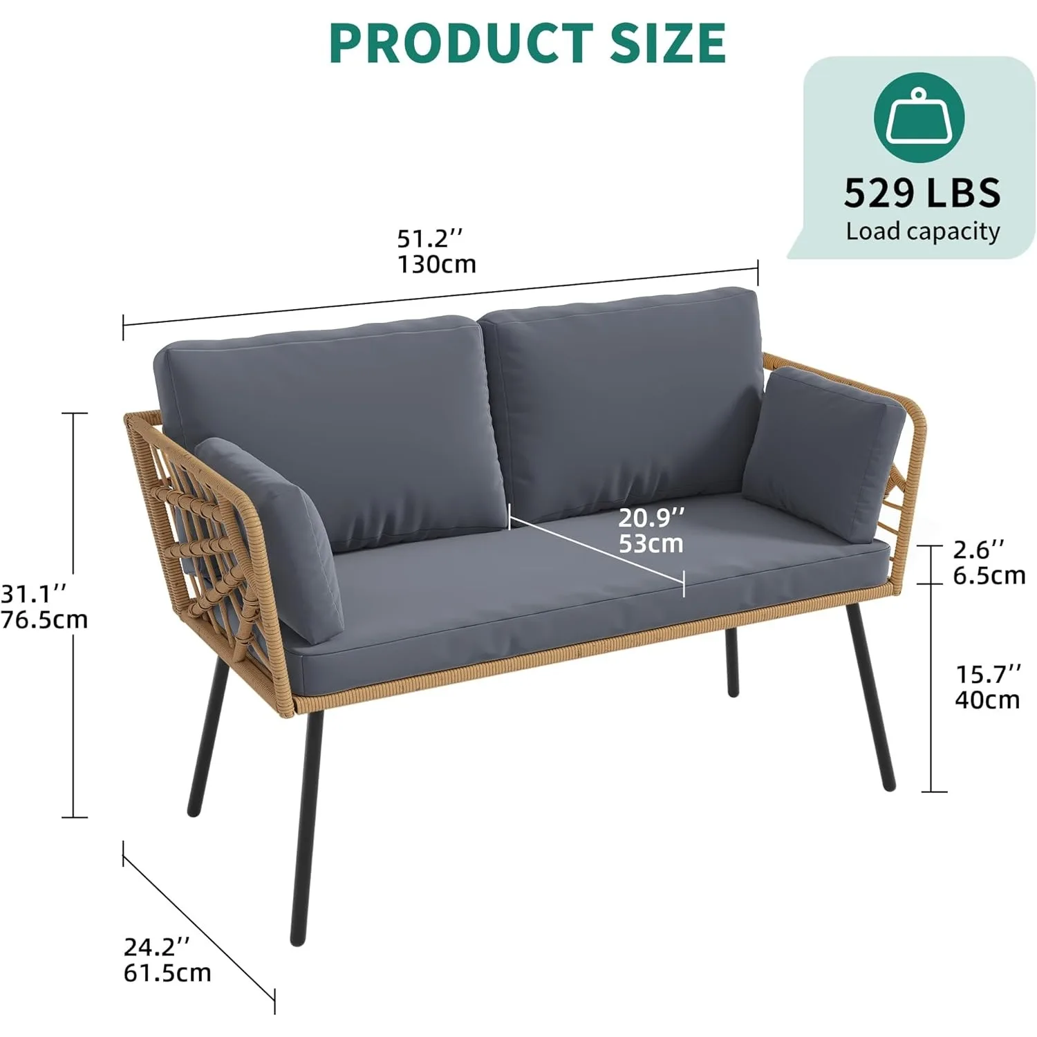 Loveseat-sofá de mimbre para exteriores, conjunto de muebles seccionales para exteriores con mesa, para balcón, Patio trasero, porche, terraza