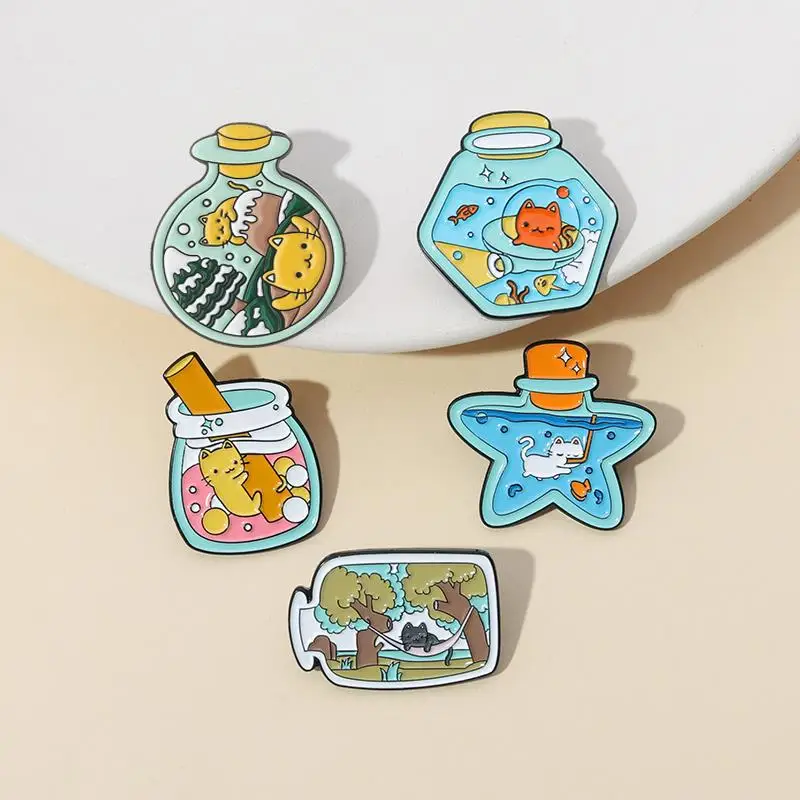 Cat's Wishing Bottle Enamel Pins Custom Kitten Dream Life Brooches Lapel Badges Cartoon Cute Animal Gift for Kids Friends