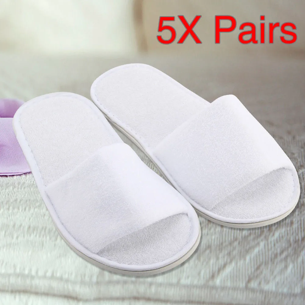 

Hotel Disposable Slippers 5 Pairs Spa Hotel Guest Slipper Open Toe Towelling Disposable Terry Style Breathable Soft White Shoes