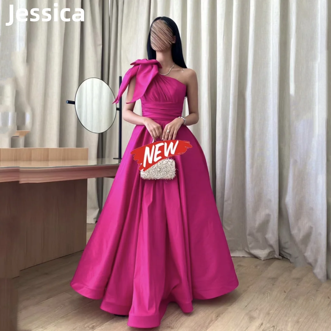 

Jessica Hot Pink Sleeves Prom Dress Luxurious Satin Bow Evening Dresses فساتين السهرة Elegant Lady Formal Dinner Party Dresses