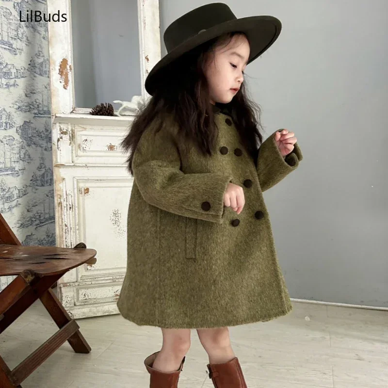 

2024 Kids Vintage Alpaca Wool Handmade Double-Sided Cashmere Coat Outerwear Children's Girls Seaweed Green Color Split Clothes