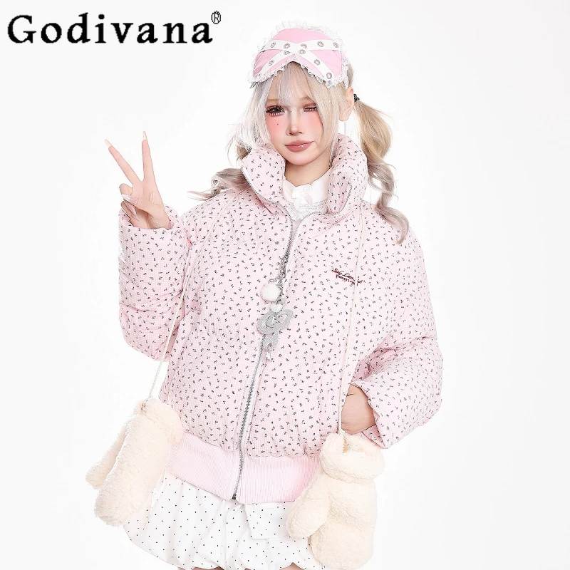 

Sweet Girls Floral Print Stand Collar Parkas for Women Winter Thickened Warm Cotton Jacket Female Japanese Puffer Parkas Coat