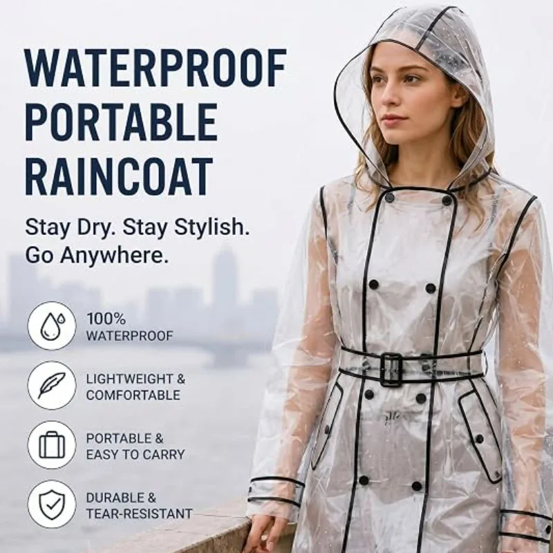 Trench Style EVA Raincoat with Belt for Women Outdoor Adult Waterproof Transparent Lightweight Portable Durable Daily Versatile