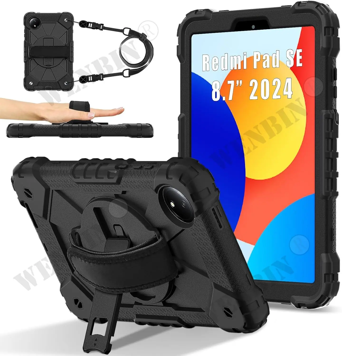 Case For Redmi Pad SE 8.7 2024 Heavy Duty Rotating Shockproof Stand Hand Shoulder Strap Case Fundas