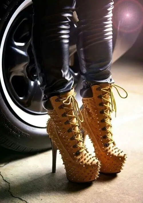 

Lady Yellow Spike Lace-Up Platform Ankle Boots Stiletto Gladiator Boots Heel Lace-Up Metal Rivet Design Footwear Size 34-46