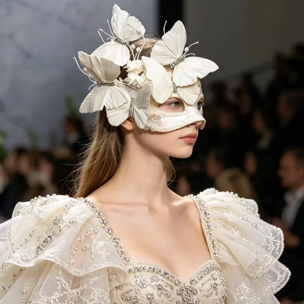 Luxury White Feather Butterfly Lace Masquerade Mask Exaggerated Venetian Mask for Halloween Party Women Photoshoot Prop