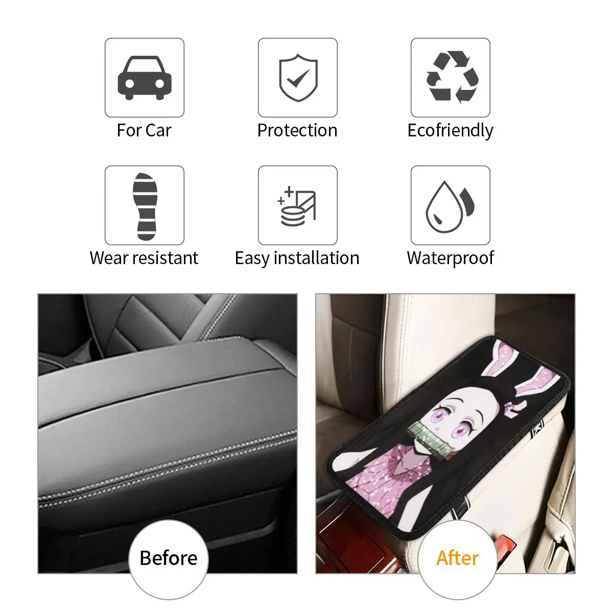 غطاء مسند ذراع سيارة منقوش قاتل الشياطين ، حصيرة كونسول مركزي ، وسادة سيارات ، إكسسوارات داخلية للسيارة