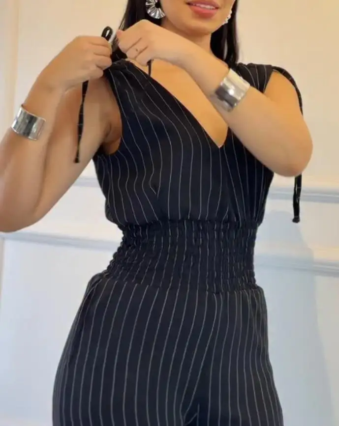 Jumpsuit Women 2025 Summer New Striped V-Neck Sleeveless Casual Tied Detail Shirred High Waist Wide Leg Long Jumpsuit