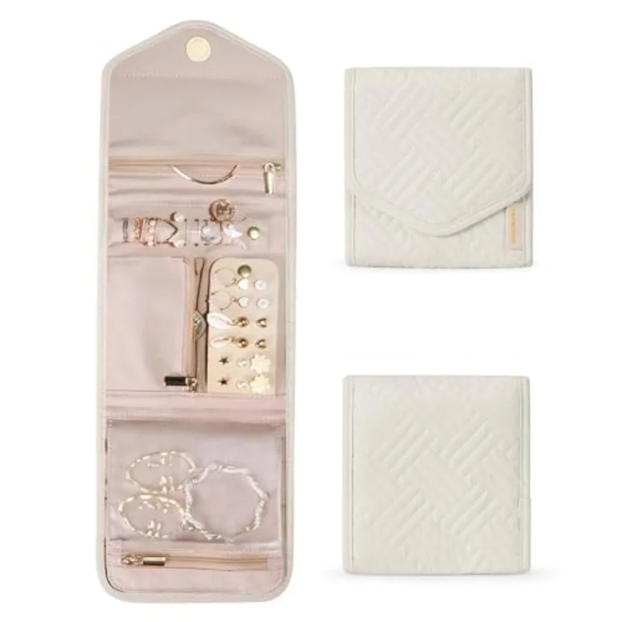 Travel Jewelry Organizer Case Foldable Jewelry Roll for Journey Rings, Necklaces, Earrings, Bracelets, Mini, Beige