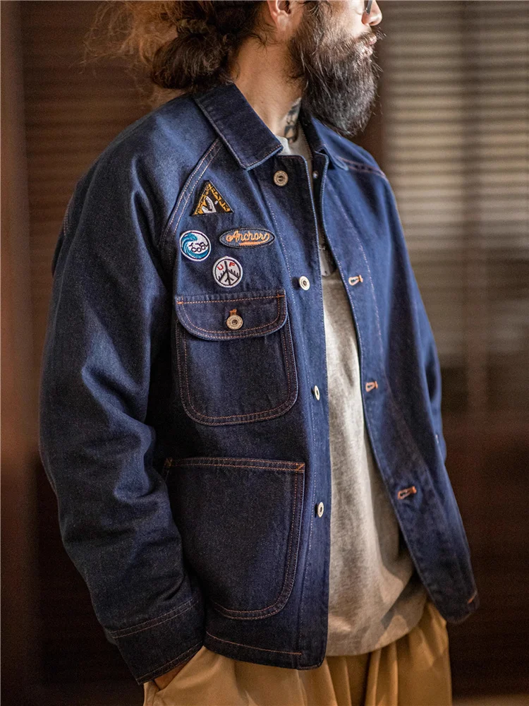 

Maden Casual Cotton Denim Jacket with Embroidered Badge Heavy Washed Stand Collar Men's Outerwear for Autumn And Winter