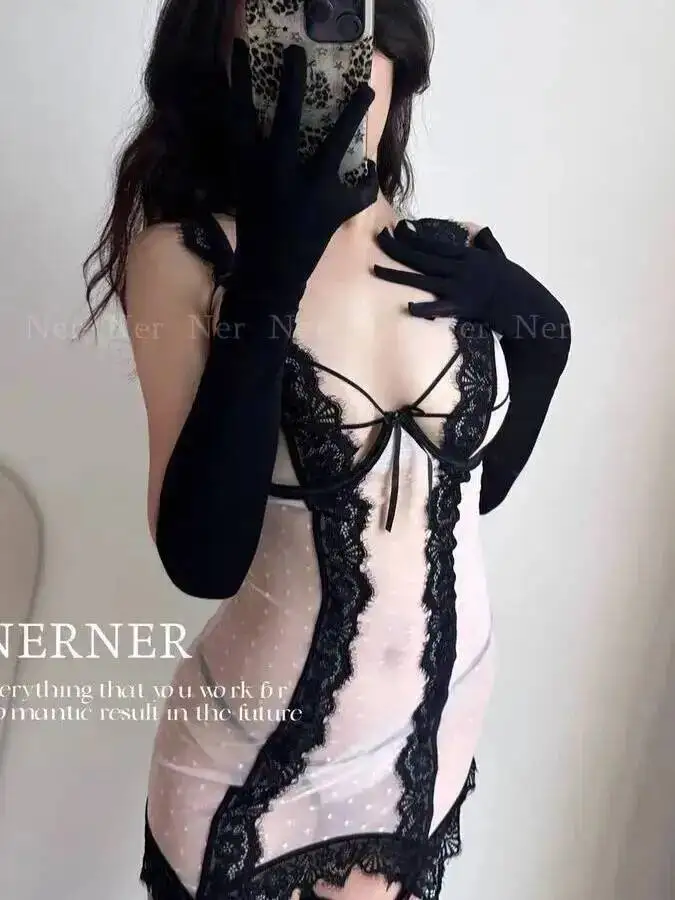 Sexy Neue Strap Nachthemd Spitze Aushöhlen Nachtwäsche Seite Durchsichtiges Kleid Elegante Mesh Spitze Tank Mini Kleid Sheer Koreanische WPD7