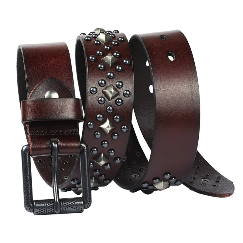 men's fashion rivets belt genuine leather studded belts punk hip hop strapon women pin buckle waistband designer cool sash leash