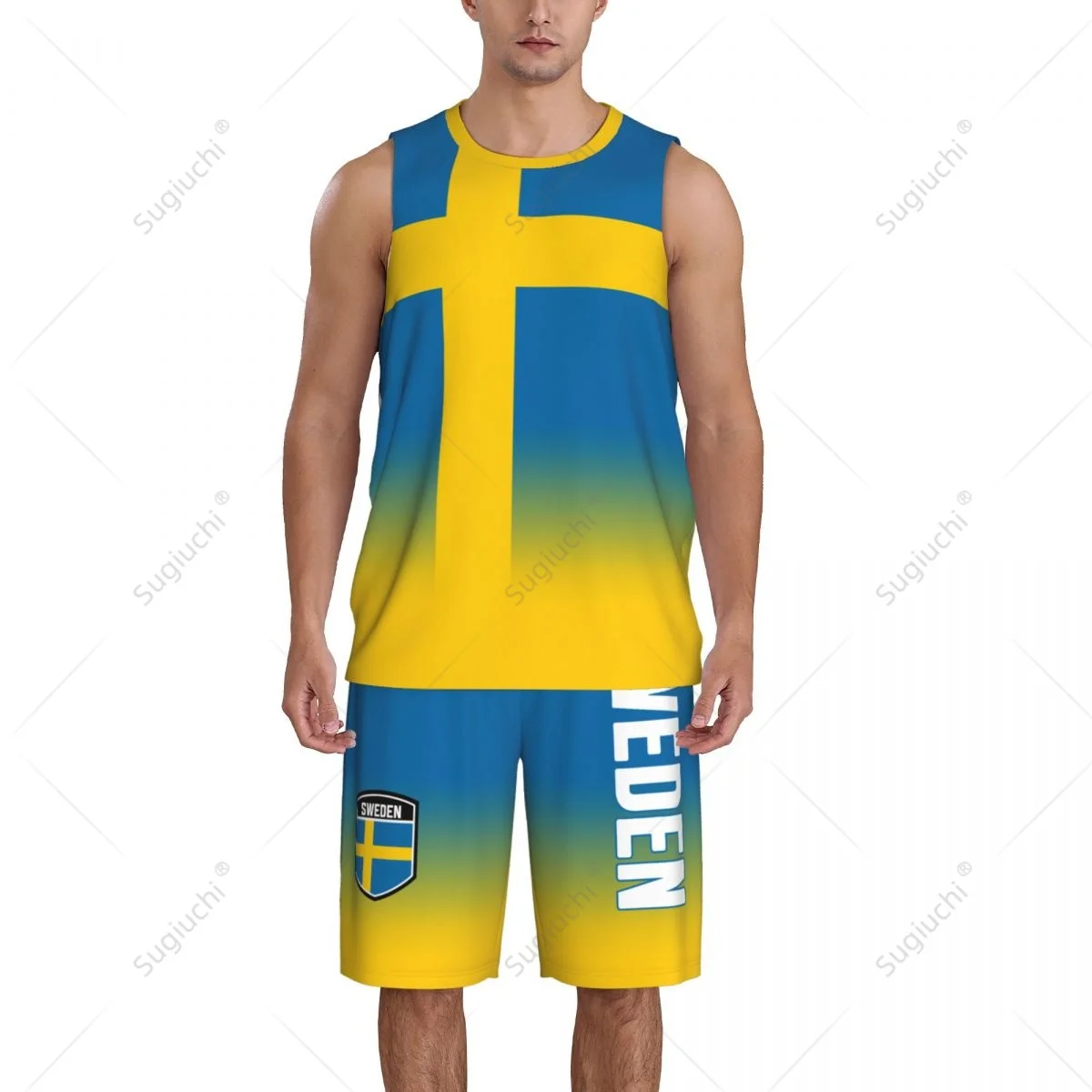 Heren Zweden Vlag Basketbal Jersey Set Mesh Shirt & Broek Mouwloos Exclusief Team-up Aangepaste Naam Nunber Unisex