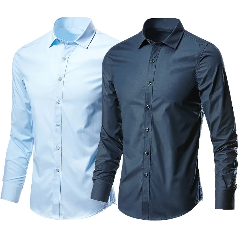 Fashion Classic Solid Shirts For Men Summer Long Sleeve Basic Business Shirts Turn-Down Collar Male Casual Slim Shirts Chic Tops