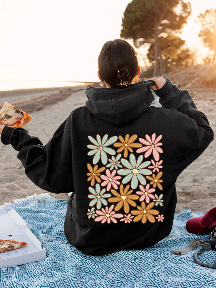 

Flower Graphic Sweatshirts Women Hoodie Harajuku Fleece Comfy Sportswear Fashion Y2K Sweatshirt Vintage Loose Clothes Female