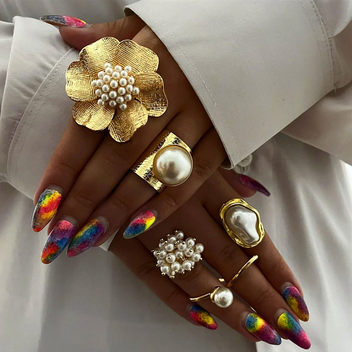 6 Pcs Flower Imitation Pearl Rings for Women Elegant Geometric Irregular Gold Color Ring Sets Female Daily Wear Party Jewelry