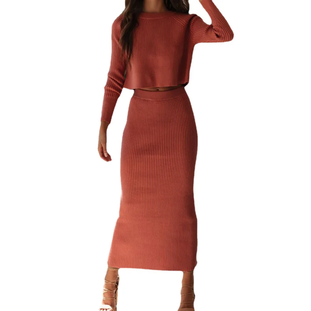 Women Two Piece Skirt Sets Solid Full Sleeve Round Neck Tops Long Skirts Split A Line Elegant Casual Flods Suits Autumn