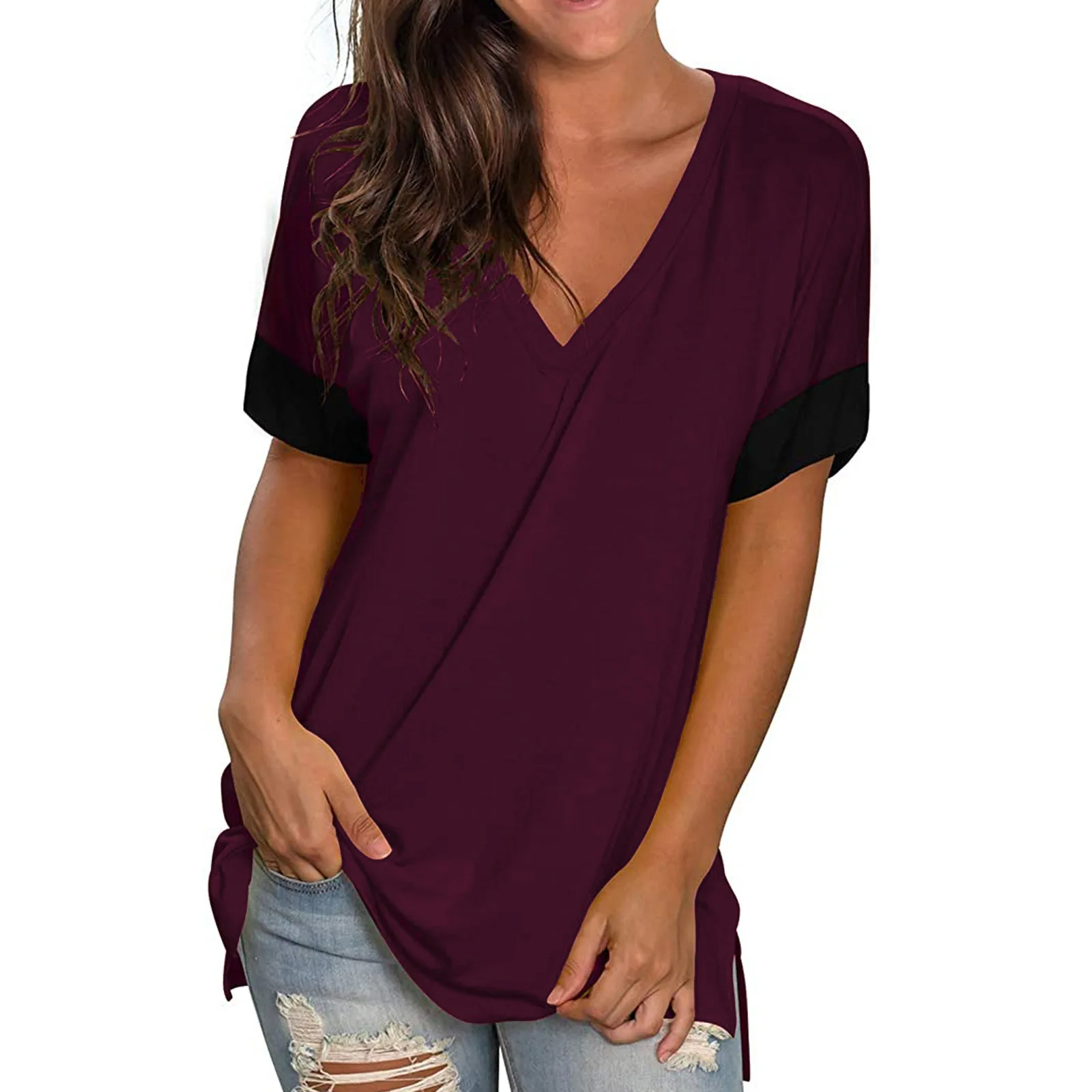 Summer Solid Color Blouse V-Neck Short Sleeve Loose Fashion Women's Casual Hundred Tops Trendy T-Shirts for Women Summer Tops