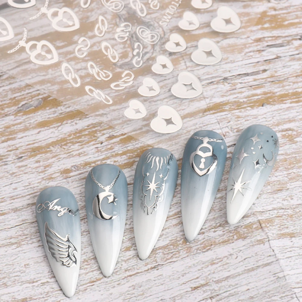 ملصق تزيين أظافر ذاتي اللصق ، نجمة فضّية ، برنز ، شمس ، قمر ، نجمة ، أجنحة ، قلوب ، منزلق مانيكير ، ملحق ديكور الأظافر