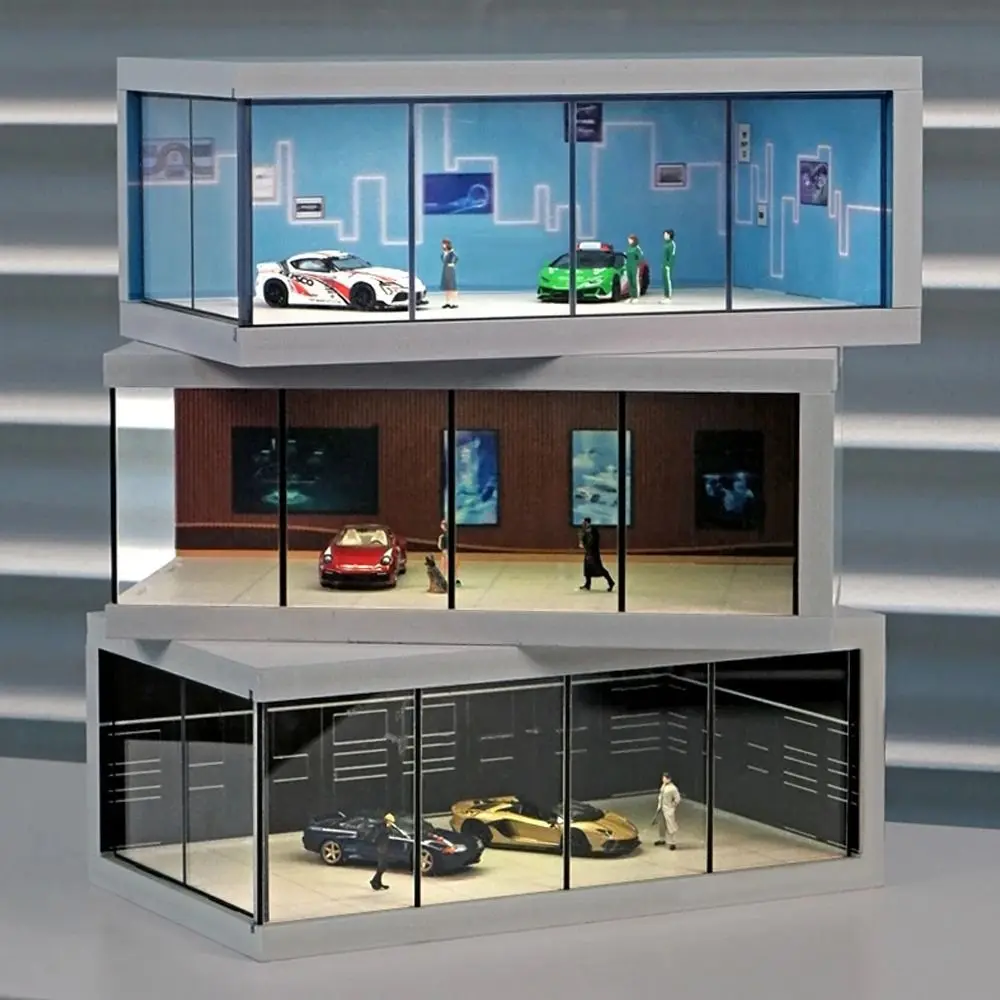 

1/64 Scale Car Model Showroom Simulate Exhibition Hall Garage Scene Model Transparent With Light Miniature Car Garage Boys Gift