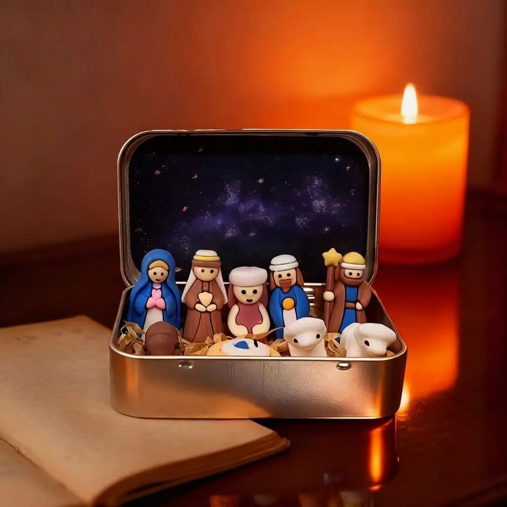 Holy Family Nativity Manger Scene Kit Shepherd Animal Star Liner Mini Christmas Nativity Set Hand Painted Cartoon