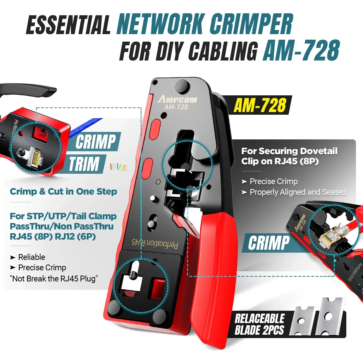 Imagem -02 - Ampcom Rj45 Pass Através Kit de Ferramentas de Rede de Crimpagem para Cat5e Cat6 Cat7 em Cabo Ethernet Portátil Rj45 Rj12 Crimper Kit