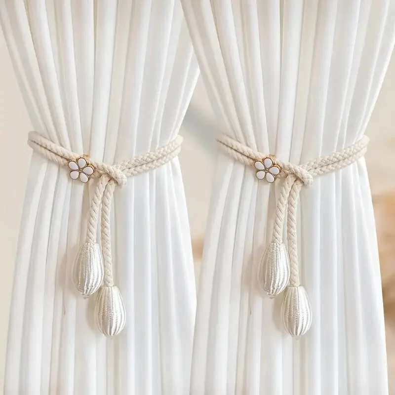 2 adjustable hand braided curtain fasteners with small metal drapes - no punch size universal elastic curtain strap