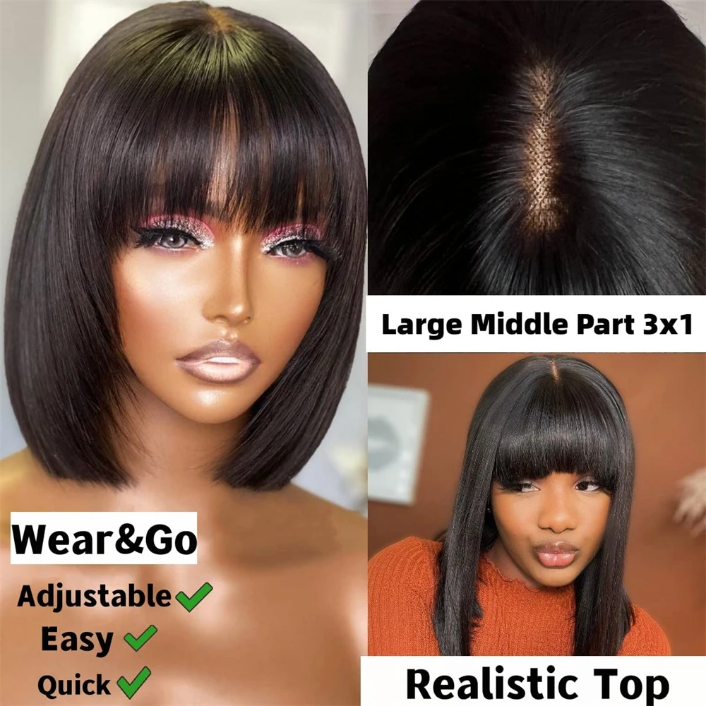 Short Bob Wigs Fake Scalp Raw Indian Human Hair Wigs Bone Straight Bob Wigs With Bangs Realistic Look Fake Lace Scalp Wig 12inch