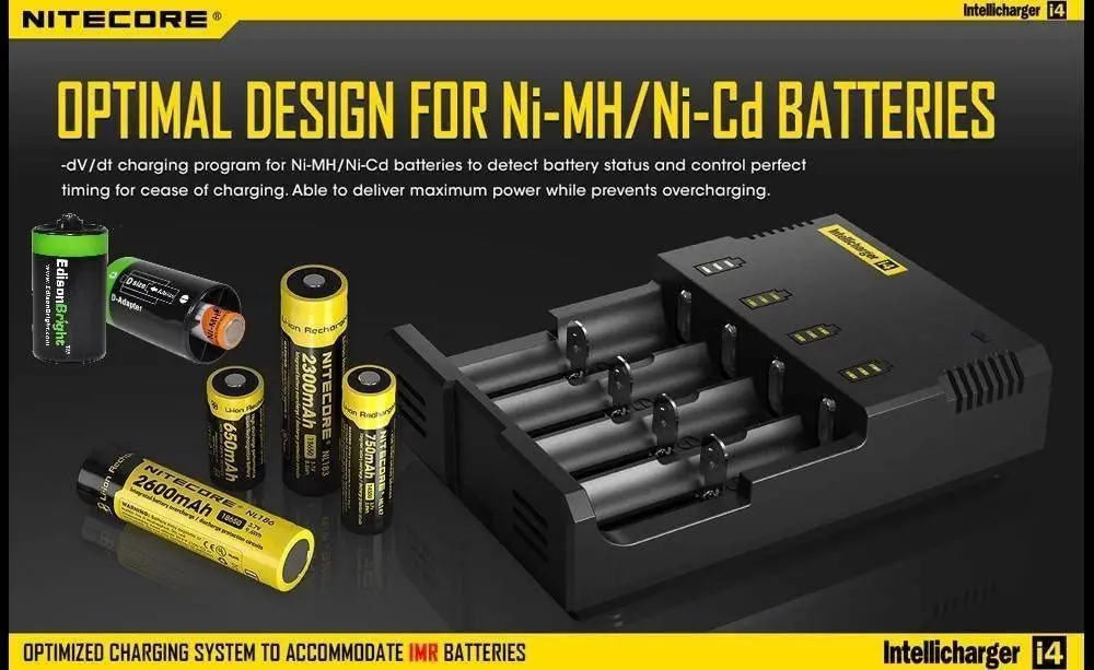 NITECORE nuovo caricabatterie i4 per Li-ion / IMR/Ni-MH/ni-cd 18650 18350 16340 RCR123 14500 AA AAA D C con Ac e 12V DC (auto)