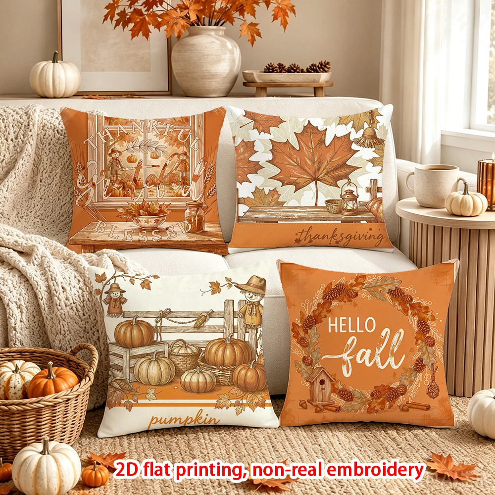 4PCS Fall Halloween Throw Pillow Covers, Vintage Witch Cat Haunted House Autumn Decorative Cushion Cases for Sofa Couch Bed
